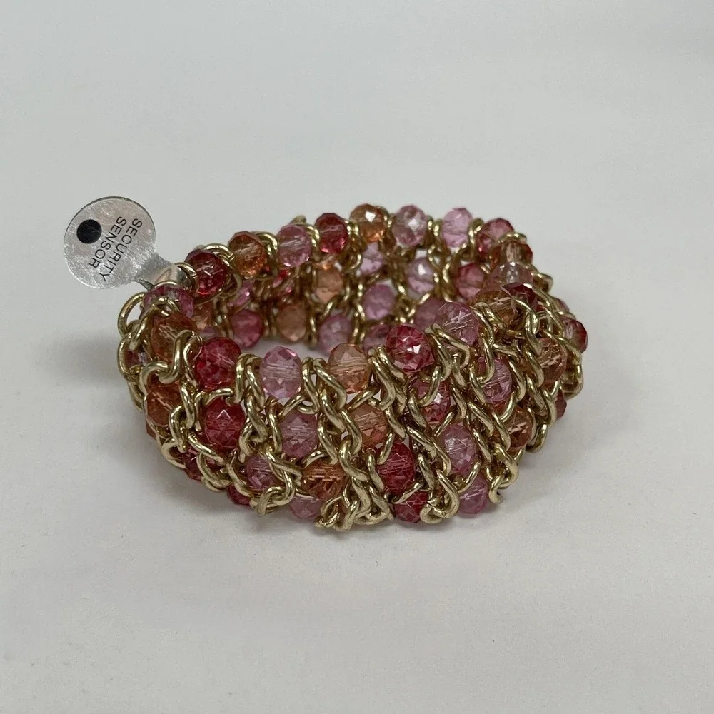 Pink Peach Gold-tone Beads Beaded Women's Fashion Stretch Chain Bracelet NWOT